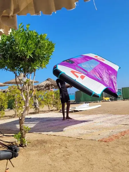 Instructor carrying a purple wing on the beach